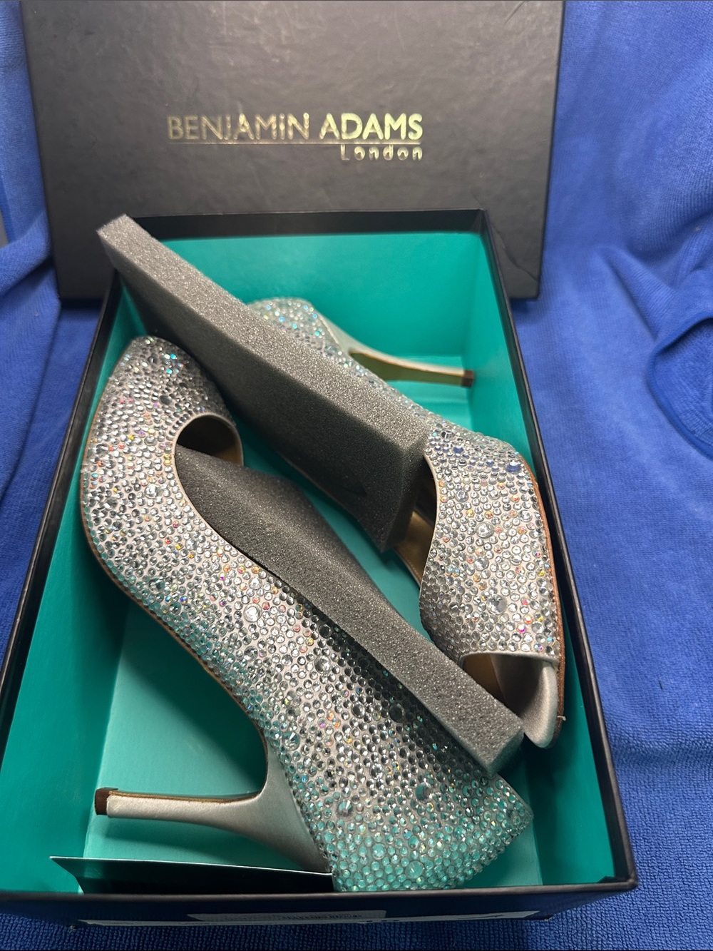 Benjamin Adam’s Silver silk / Crystal Peep-Toe Heels - - Picture 12 of 14